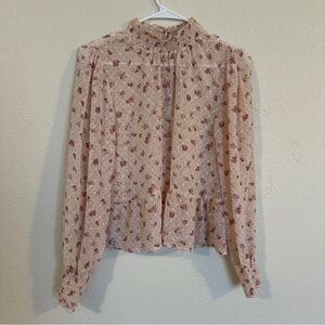Mi Ami Womens Regular Floral Long Sleeves High Neck Beige Basic Blouse Top Sz L